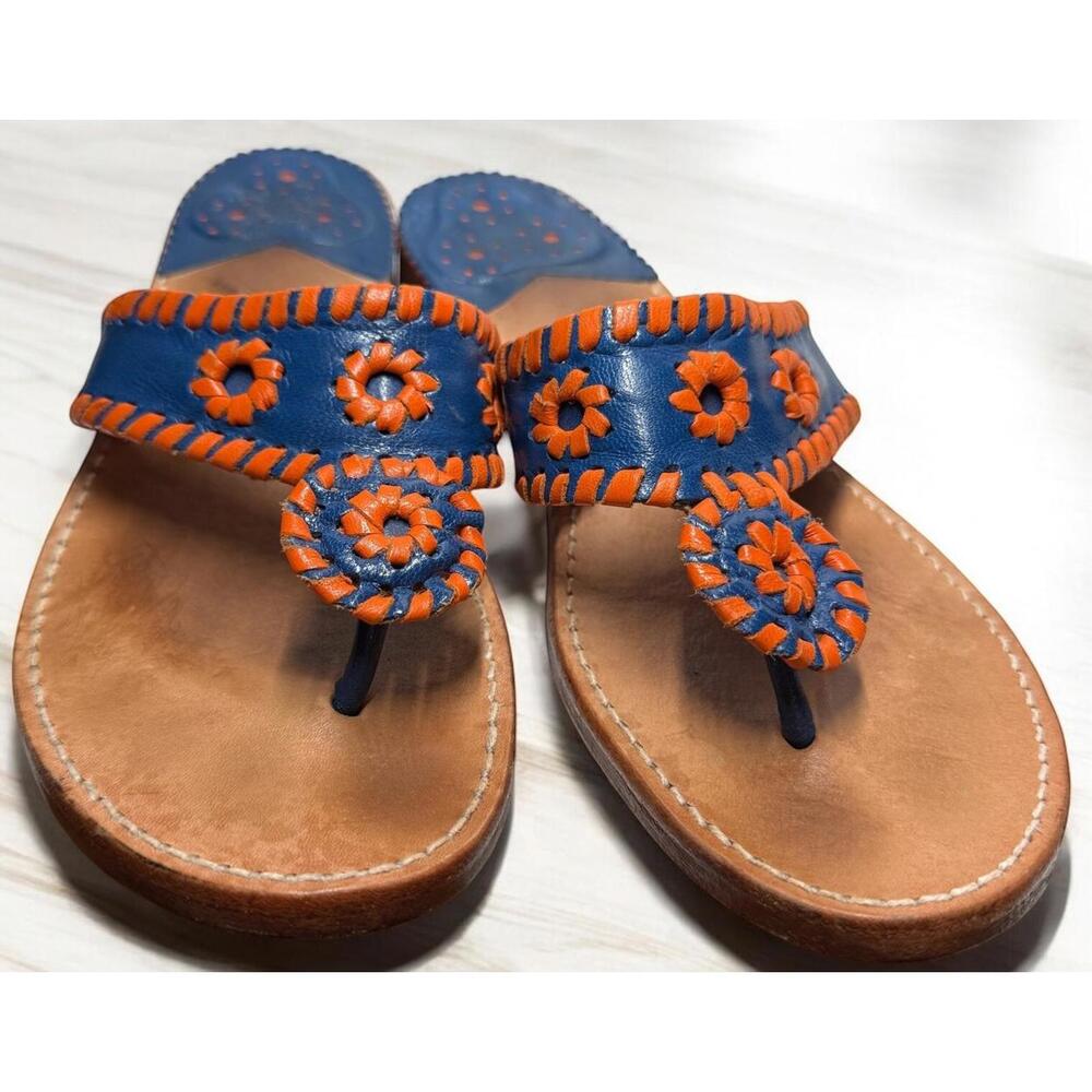 Palm Beach Leather Sandals Royal/Orange Whipstitch Thong Flip-Flop Women’s Sz 8